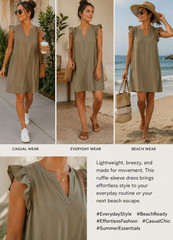 Cotton Bleu Olive Solid V-Neck Shift Dress Flutter Ruffle Sleeve Cotton S