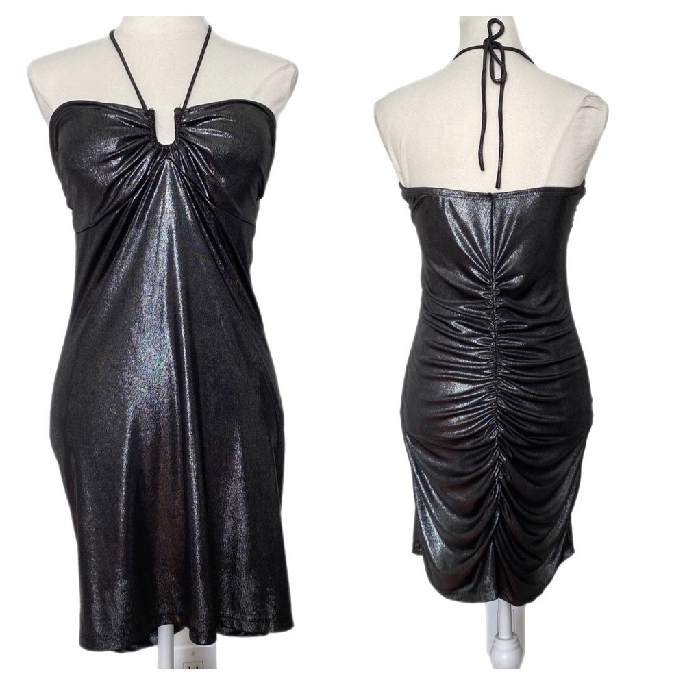 U&Me Vintage Women&rsquo;s Silver Metallic Padded Back Ruched Bodycon Cocktail Dress L