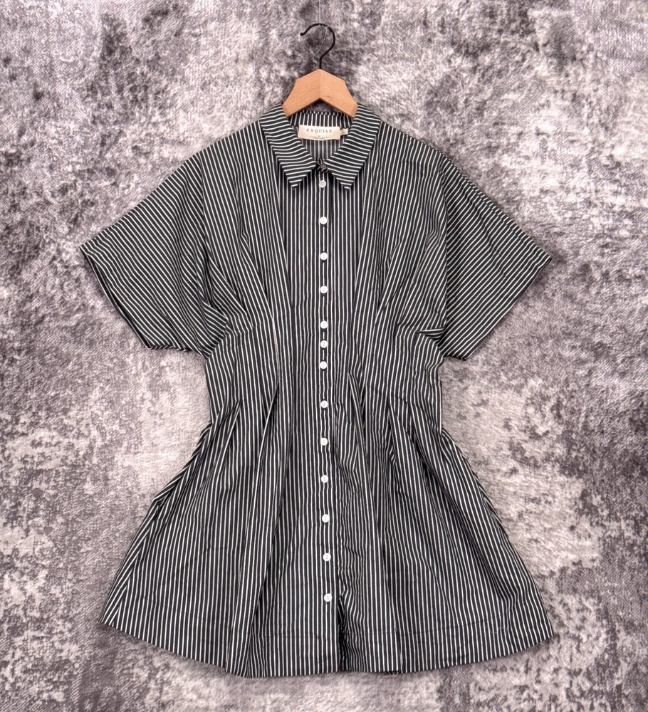 Anthropologie Dress Medium Womens Exquise Tobie Shirtdress Mini Gray Striped