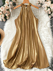 Women&rsquo;s Gold Backless Mini Dress A-Line Sleeveless Party Cocktail Evening