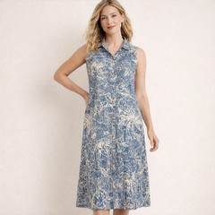 Coldwater Creek Linen Blend Sleeveless Shirt Dress MIDI 12P Blue Coastal Print