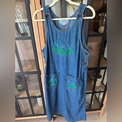 Vintage 90s Casey Coleman Bluebonnet Embroidered Denim Jumper Dress midi overall