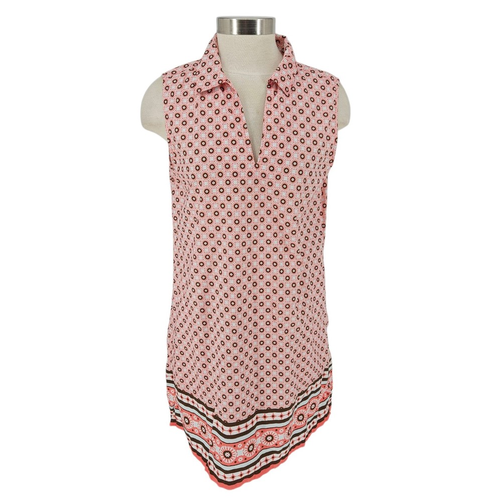 Lands End Poplin Shift Dress Pink Floral Sleeveless Collared VNeck Womens Medium
