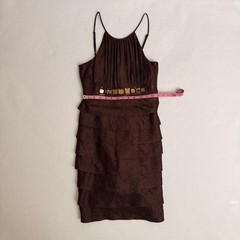 Caché Y2K Brown Iridescent Tiered Halter Mini Dress Jewel Embellishment Size 8