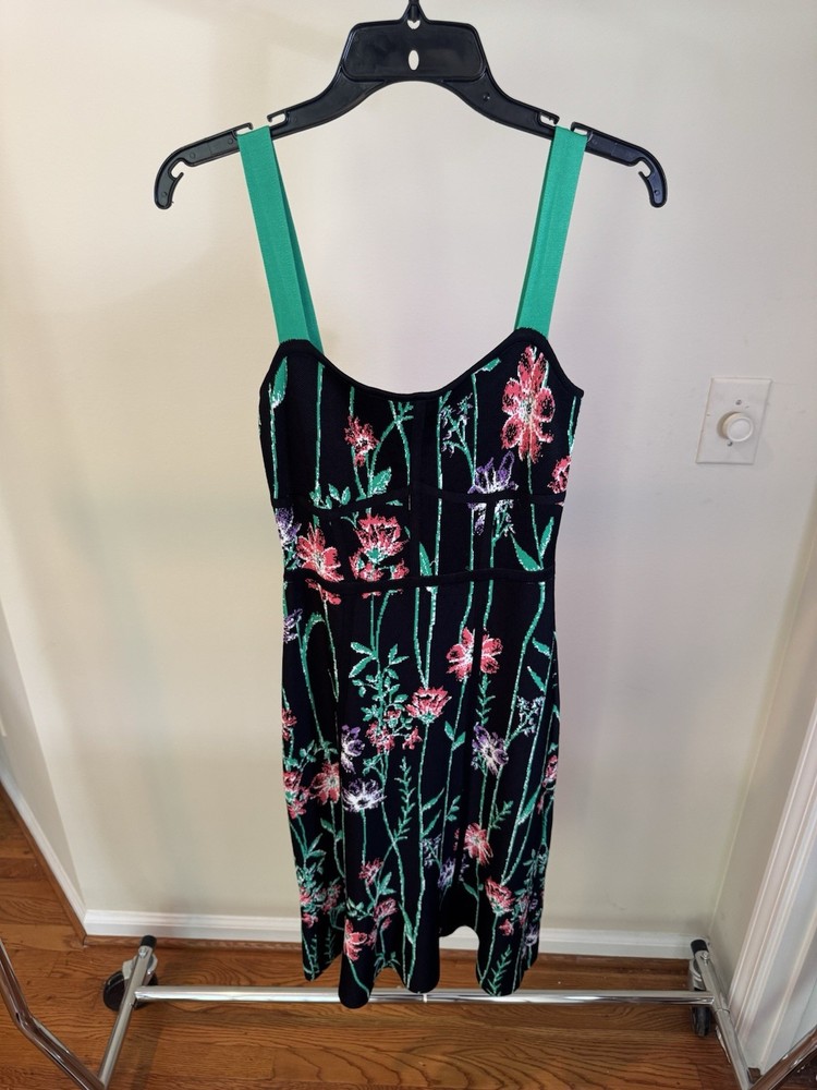 BCBGMAXAZRIA Black Multicolor Floral Sweetheart Strappy Mesh Midi Zip Back M