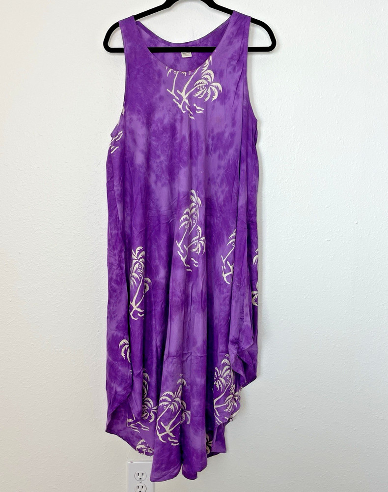 Advance Apparels Midi Dress Women OS Purple Tropical Palm Tree Print Hippie Boho