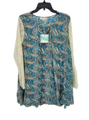 Umgee Dress Womens Medium Blue Paisley Lace Bell Sleeve Boho Flowy Peasant NWT