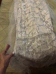 Three layer White Silver Sequin Tulle Long Gown Strapless Sweetheart Sheer Small