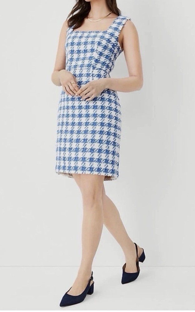 Ann Taylor Gingham Herringbone Sleeveless Sheath Dress White Azul Blue Size 10