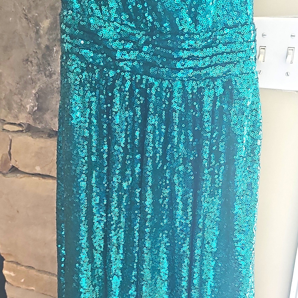 Boo Dream B Teal Sequin Solid Long Maxi Dress Satin Fabric Women’s Size M