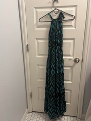 T-Bags Los Angeles Teal/Black Geometric Halter Maxi Dress Stretch S
