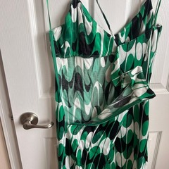 New Zara Abstract Green White Black Dress Cami Strap Crisscross Back Ladies L