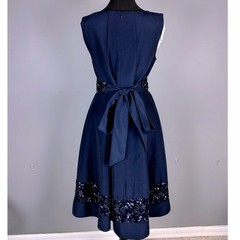 Talbots Cotton Silk Sequin Beaded Fit and Flare Dress Navy Blue Midi Sash