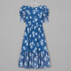 Destination 365 Midi Dress Womens Large Petite LP Indigo Floral Chiffon A614504