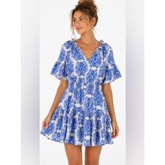 Entro Blue & White Medallion Print Smocked Mini Dress – Size Small