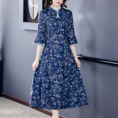 Womens Ethnic Floral Stand Collar Qipao Flare Sleeves Cheongsam Dress Slim Gown