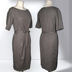 WEEKEND MAXMARA Virgin Wool Sheath Dress Houndstooth Belted Pleated Career Brown