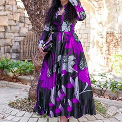 Long Sleeve Round Neck Digital Print Maxi Dress S Red
