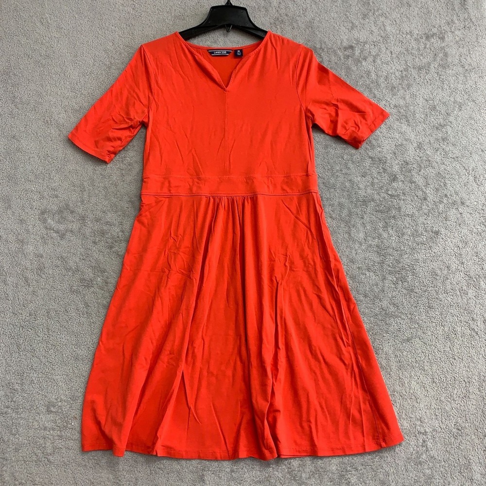 Lands End Women&rsquo;s M Red Fit & Flare Dress Cotton Short Sleeve Shirt Dress P0061