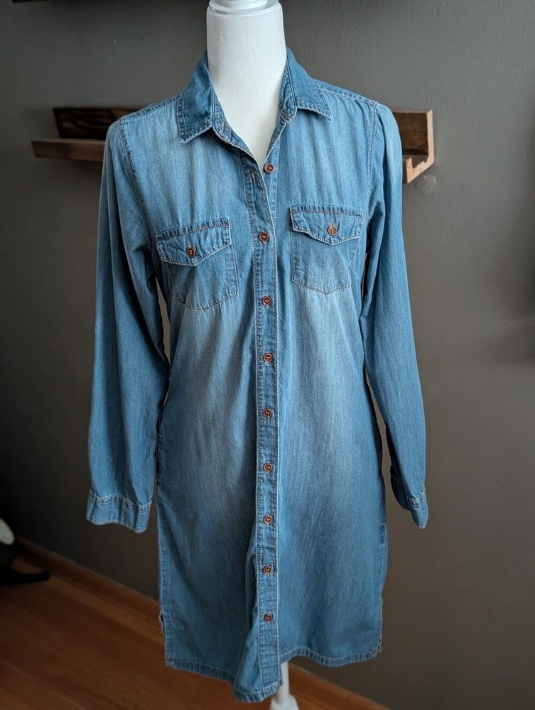 Blue Age Coastal Chambray Button Down Midi Shirt Dress With Pockets Size M