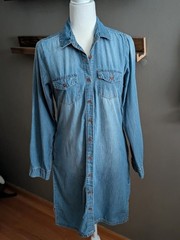 Blue Age Coastal Chambray Button Down Midi Shirt Dress With Pockets Size M