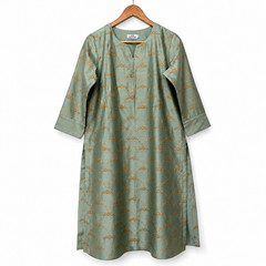 Women Chanderi Silk Gold Floral Printed Cotton Lining 34 Cap sleeve Kurta dress