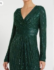 Women’s S Green Sequin Mesh Sheath Dress V-Neck Long Sleeve Zip Knee Party