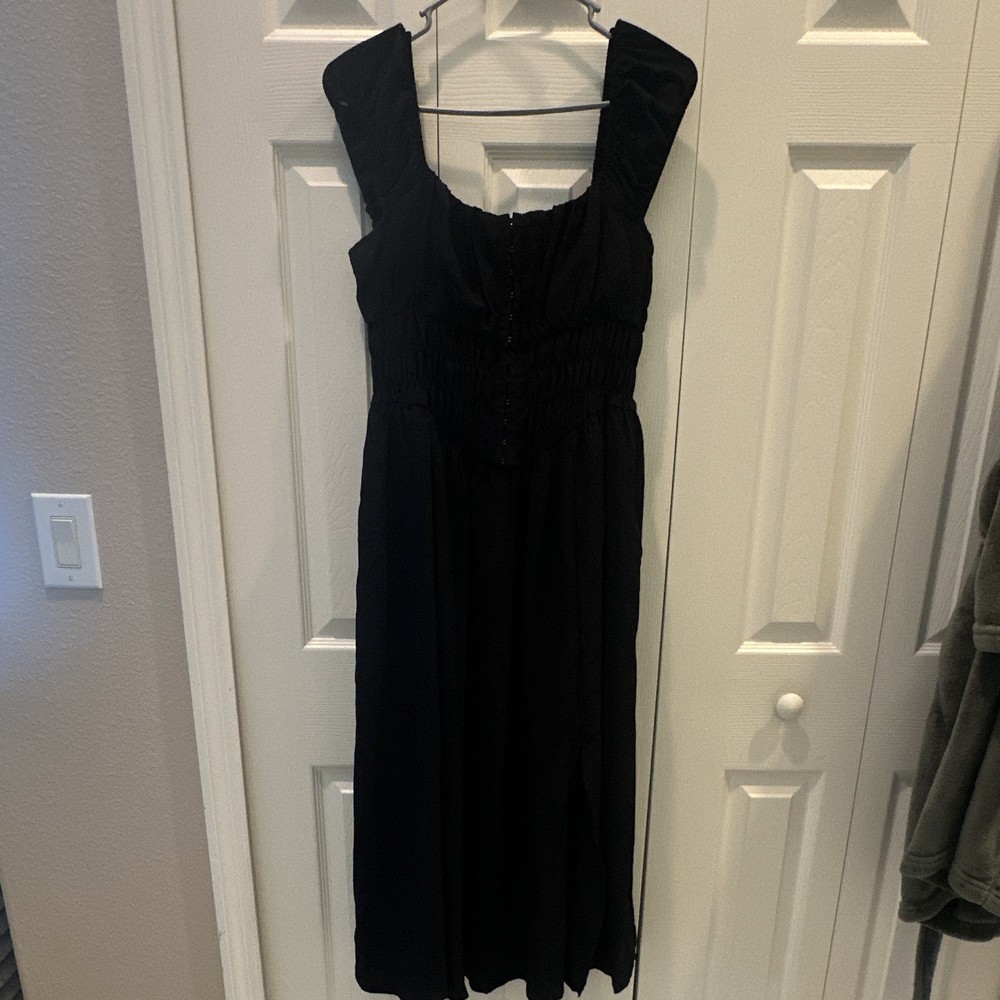Mixed Threads Black Solid Square Neck Smocked￼Stretch Midi Dress Women’s L