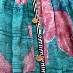 KANTHA BAE O/S 100% Silk Boho Teal Floral Pink Maxi Dress Keyhole Balloon Sleeve