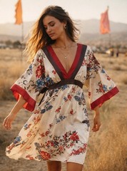 Vintage La Belle Floral Butterfly Dress Babydoll Kimono Boho USA Silky Y2K 90s