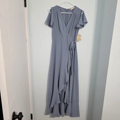 Altar&rsquo;d State Dusty Blue Wrap Maxi Dress Cold Shoulder Ruffle HA18776-AS21 S