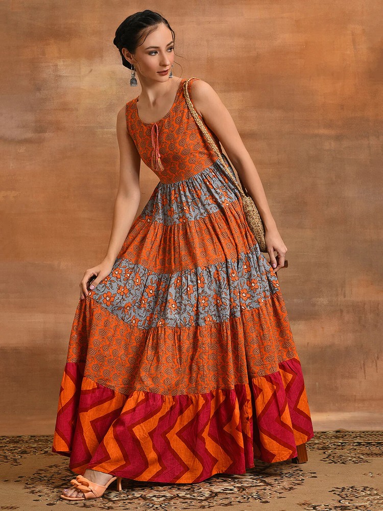 Orange & Grey Floral Print Flared Maxi Dress, Women Indian Layered Long Kurta