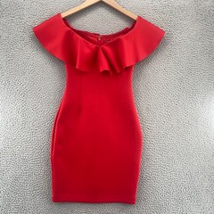 Guess Dress Womens Extra Small Red Ruffle Overlay Off Shoulder Scuba Cocktail