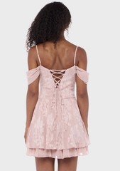 B Darlin Juniors&rsquo; Cold-Shoulder Jacquard Fit & Flare Dress – Dark Mauve
