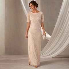 Papell Studio Beaded Evening Gown Sz 6 Biscotti Champagne Formal Maxi Dress NWT