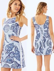 Lilly Pulitzer Blue White Seashell Print Sheath Dress Sleeveless Zip Cotton 16
