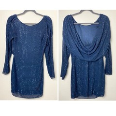 AIDAN MATTOX DRESS 4 BEADED SHEER MESH COWL BACK NAVY BLUE LONG SLEEVE SHORT