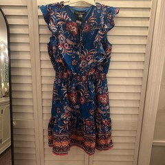 Falling Flowers Boutique Sleeveless Dress Large Blue Floral Boho Ruffles Midi