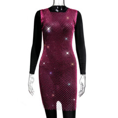 Women Bling Rhinestone Mesh Net Mini Dress Sleeveless Hollow Out See Through New