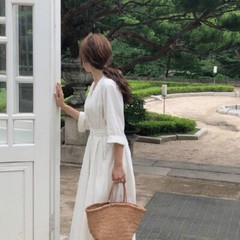 Lady Linen Cotton Dress V-neck Long Belt Button Loose Casual Summer Thin Dress