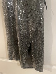Silver Sequin Metallic Halter Mini Dress Y2K Party Low Cut Small S