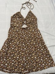 Hollister Brown Floral Mini Halter Tie Cutout Sleeveless Short Dress S