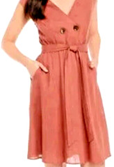 Luxology Button Linen Blend Midi Dress Terracotta Pockets Tie Belt Sz Small