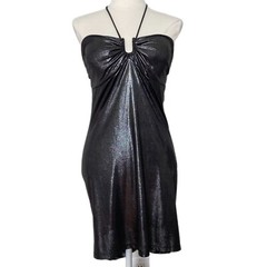 U&Me Vintage Women&rsquo;s Silver Metallic Padded Back Ruched Bodycon Cocktail Dress L