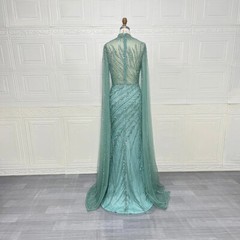 Luxury Beaded Mermaid Evening Gown Tulle Sheer Ruched Long Sleeved Ball Dress