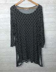Philosophy Womens 2X Printed Long Sleeve Scoop Neck Dress Side Slits Black White