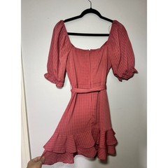 Altar&rsquo;d State Pink Grid Ruffle Mini Dress Puff Sleeve Surplice Wrap 26BX54FCLI M
