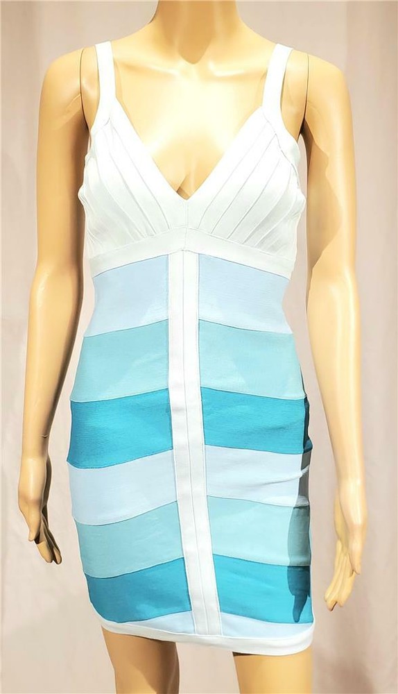 New 2b Bebe Aqua Turquoise Multi Stripe V-Neck Bodycon Dress – NWT – Size S