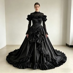 Medieval Victorian Long Sleeves Evening Dresses Tulle Ruffled Party Prom Gowns