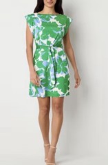 Willow Glenn Womens Green Floral Short Sleeve Shift Dress Waist Tie Sz Medium